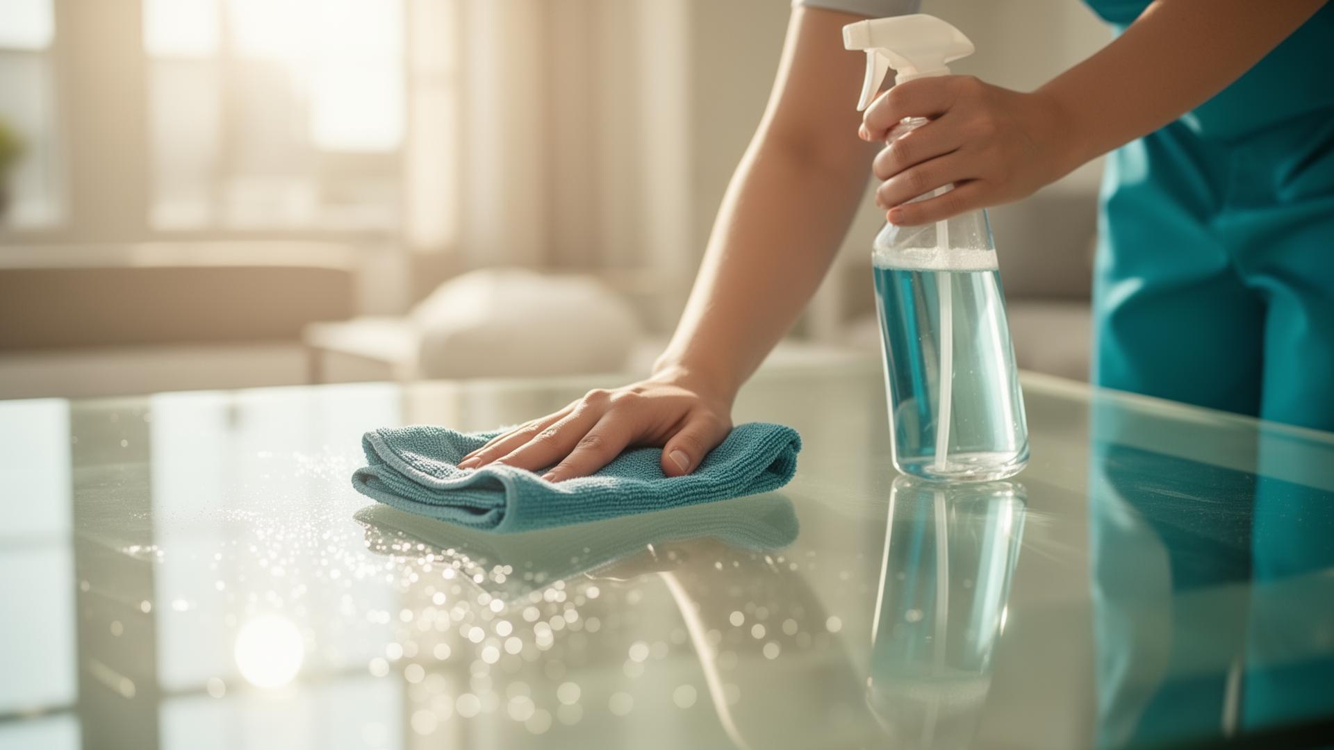 Hand mit Mikrofasertuch reinigt eine glänzende Glasoberfläche